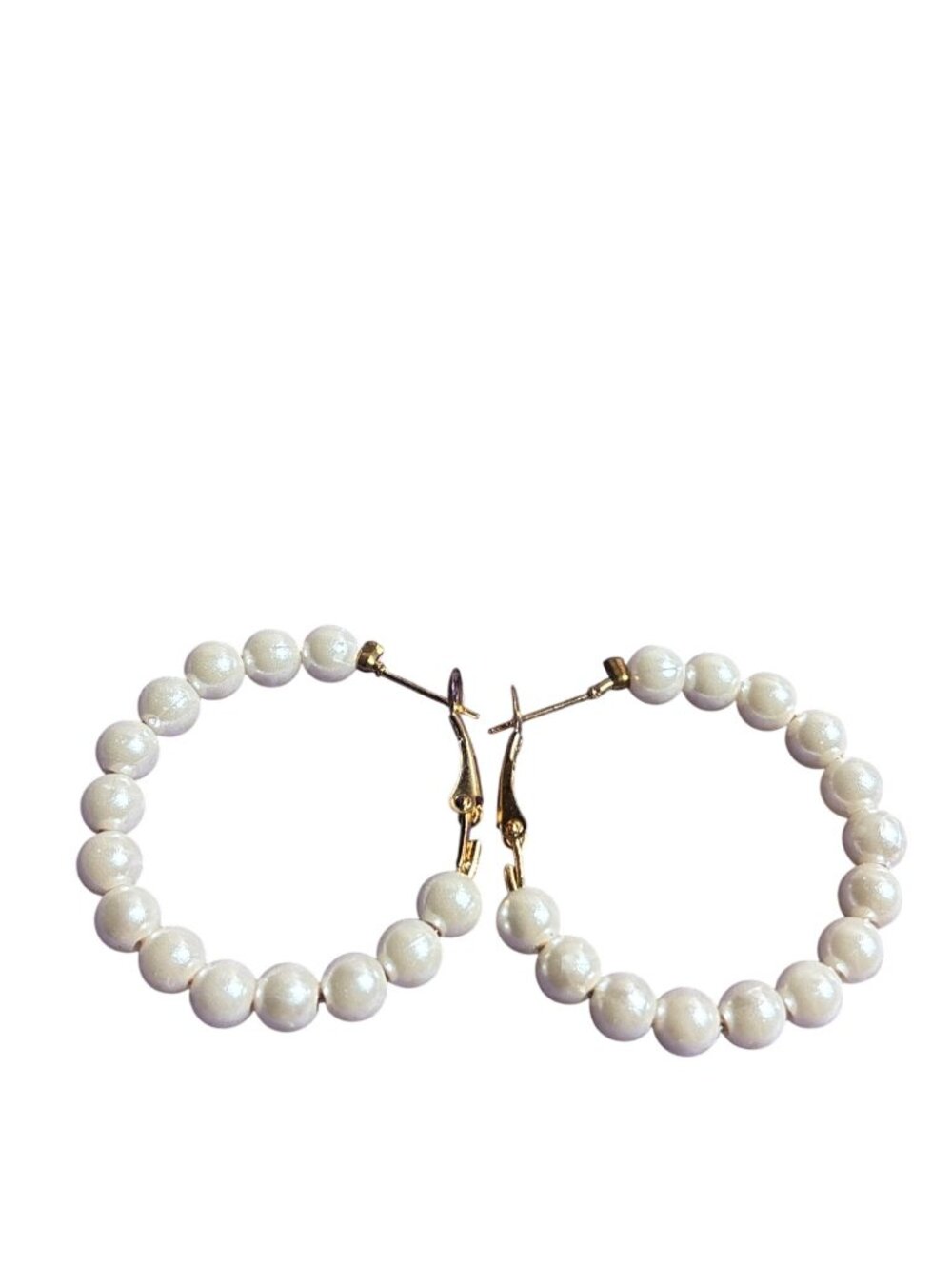 Plastic Faux Pearl Beaded Hoop Earrings 1.5 inches